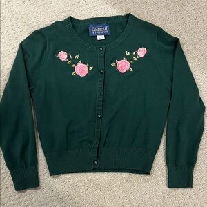 Collectif Dark Green Cardigan with Pink Floral Embroidery
